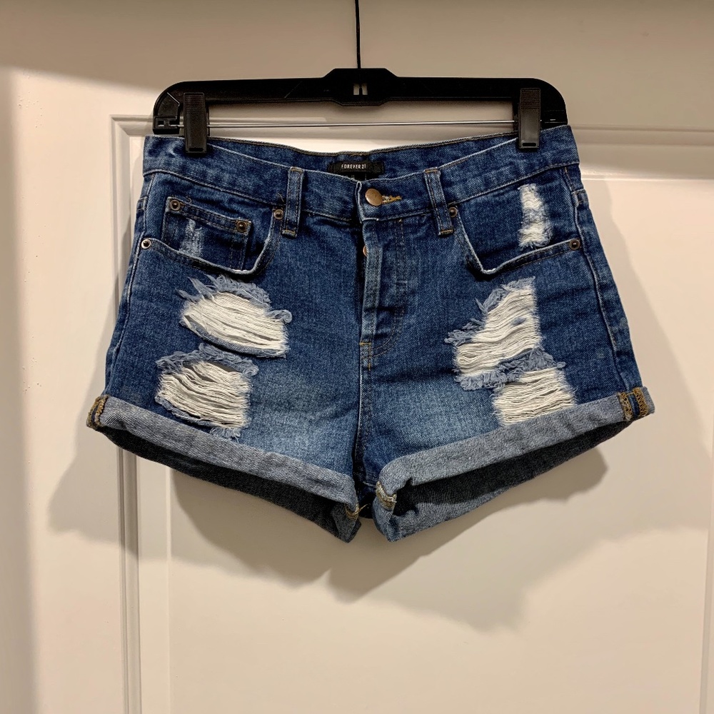 Dark Wash Destroyed Denim Short